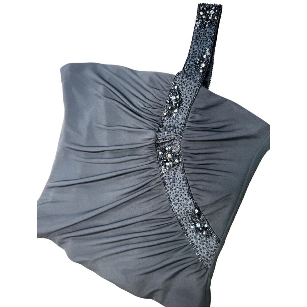 Veronique Young Black Ruched One-Shoulder Top With Sequins & Beads- LT3110 - Picture 2 of 7